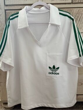 adidas White Polo Top with Green Stripes Short sets and Trefoil Pocket